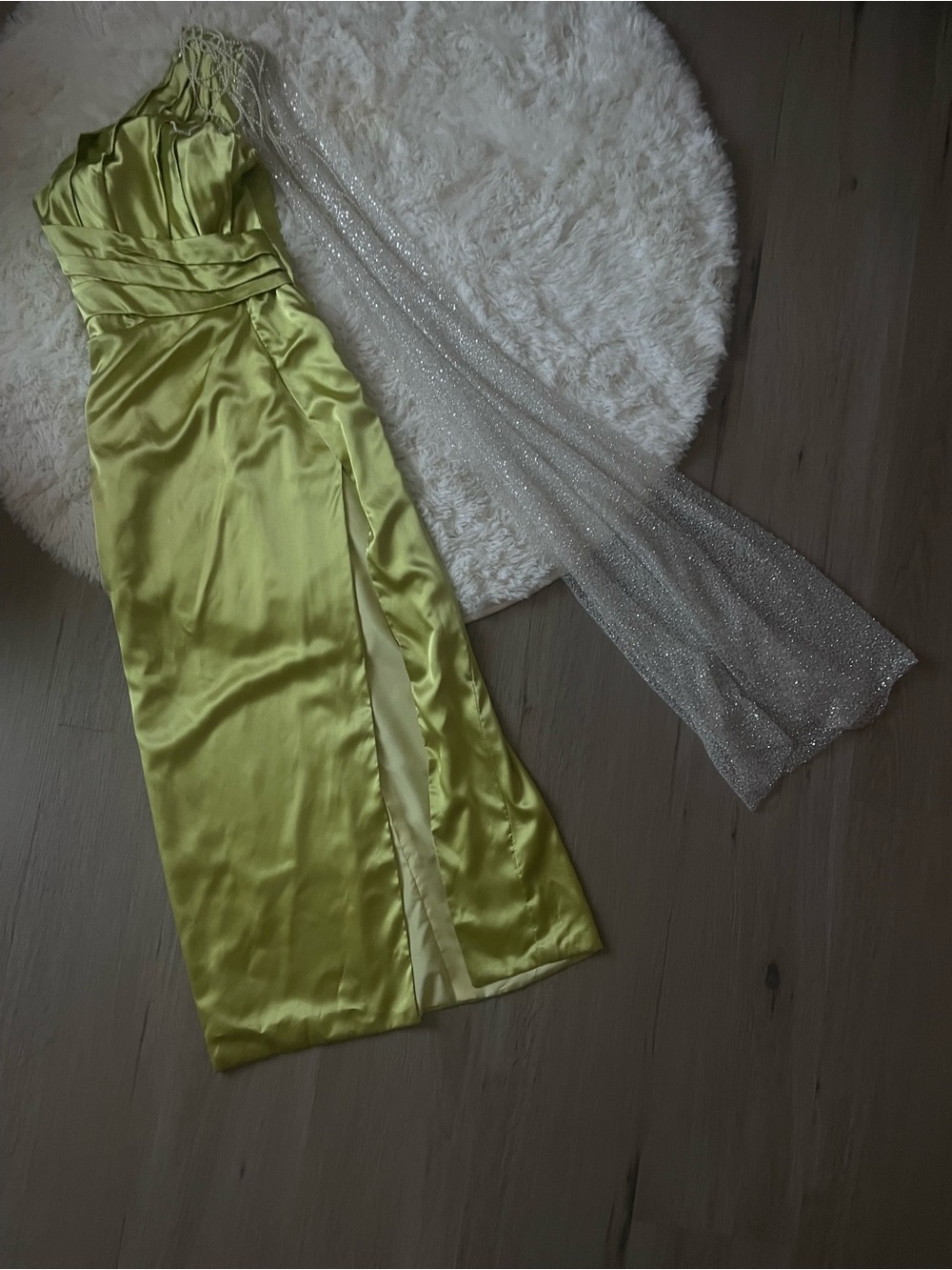Satin One-Shoulder Slit Dress in Lime Green
